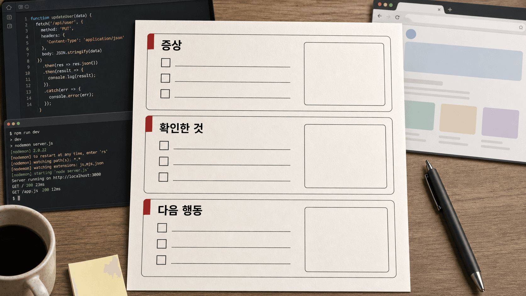 AI에게 다시 요청하기 전에 증상, 확인한 것, 다음 행동을 정리하는 프롬프트 워크시트