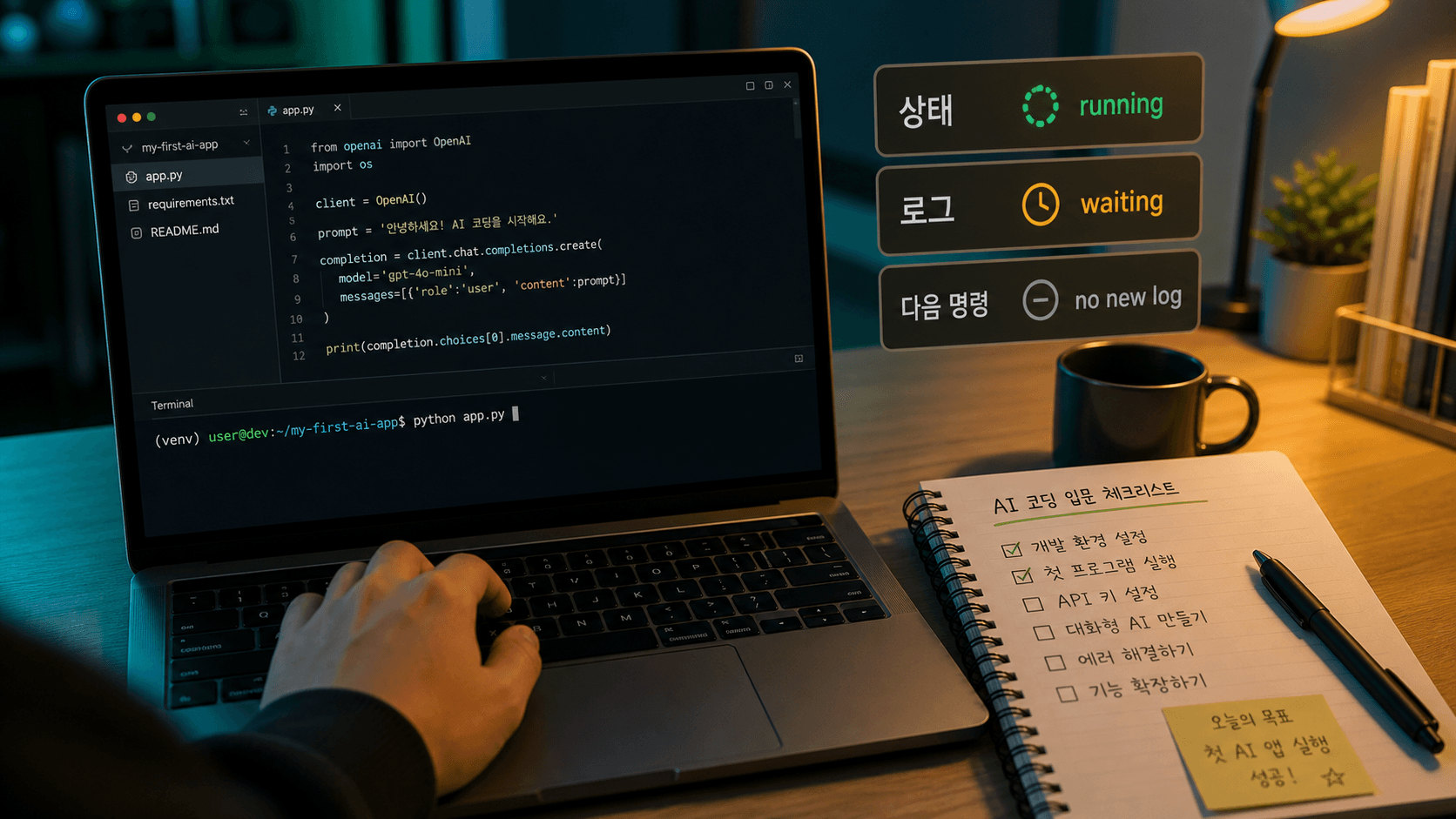 AI 코딩 중 터미널 명령이 멈춘 듯 보일 때 상태와 로그를 확인하는 작업 화면