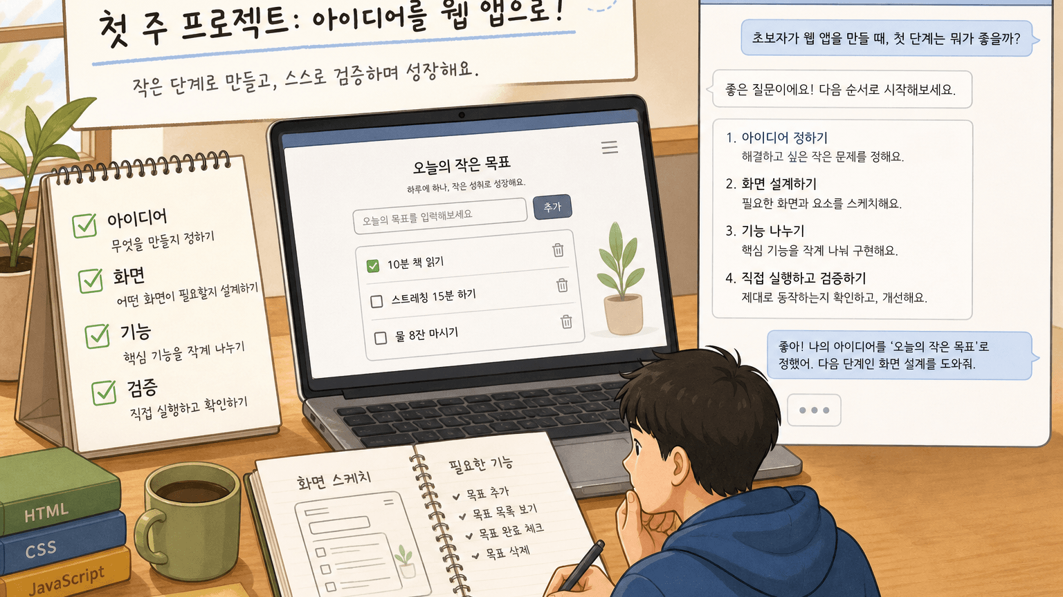 AI 코딩 첫 프로젝트를 작은 웹앱으로 나누어 아이디어, 화면, 기능, 검증 순서로 정리하는 책상 장면