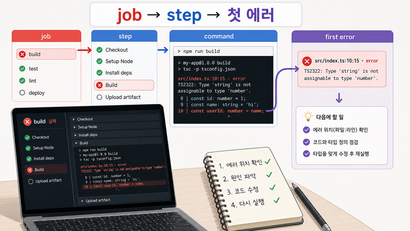 GitHub Actions 실패 화면에서 job, step, command, 첫 에러로 원인을 좁히는 흐름