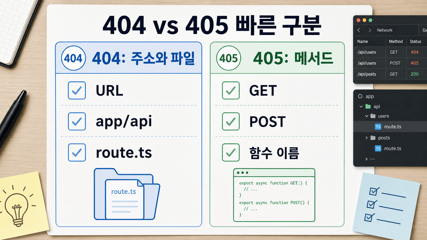 Next.js API 404는 주소와 파일, 405는 메서드 함수를 비교하는 개발 점검표