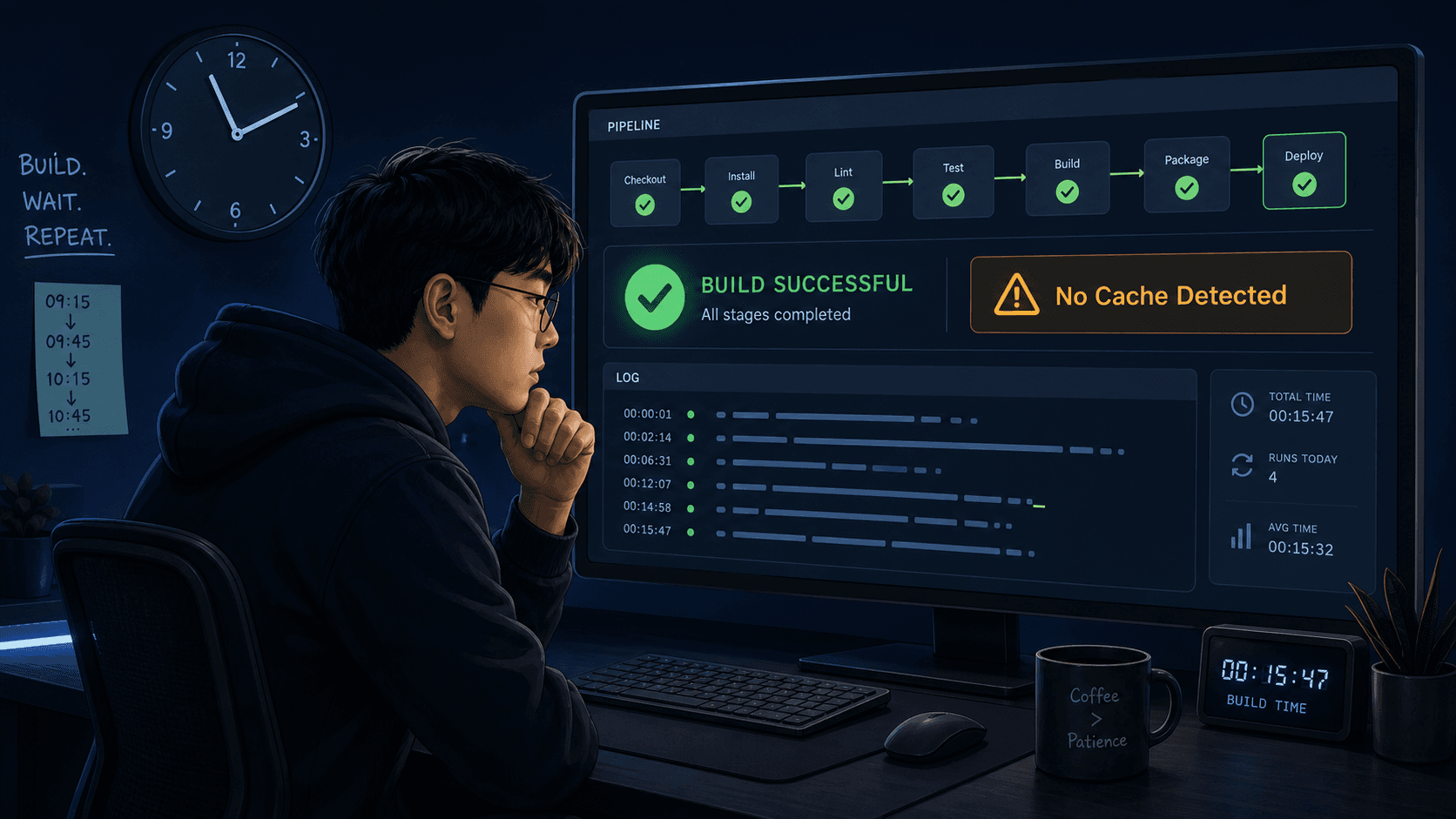 Next.js CI 빌드는 성공했지만 No Cache Detected 경고와 긴 빌드 시간이 남은 로그 화면