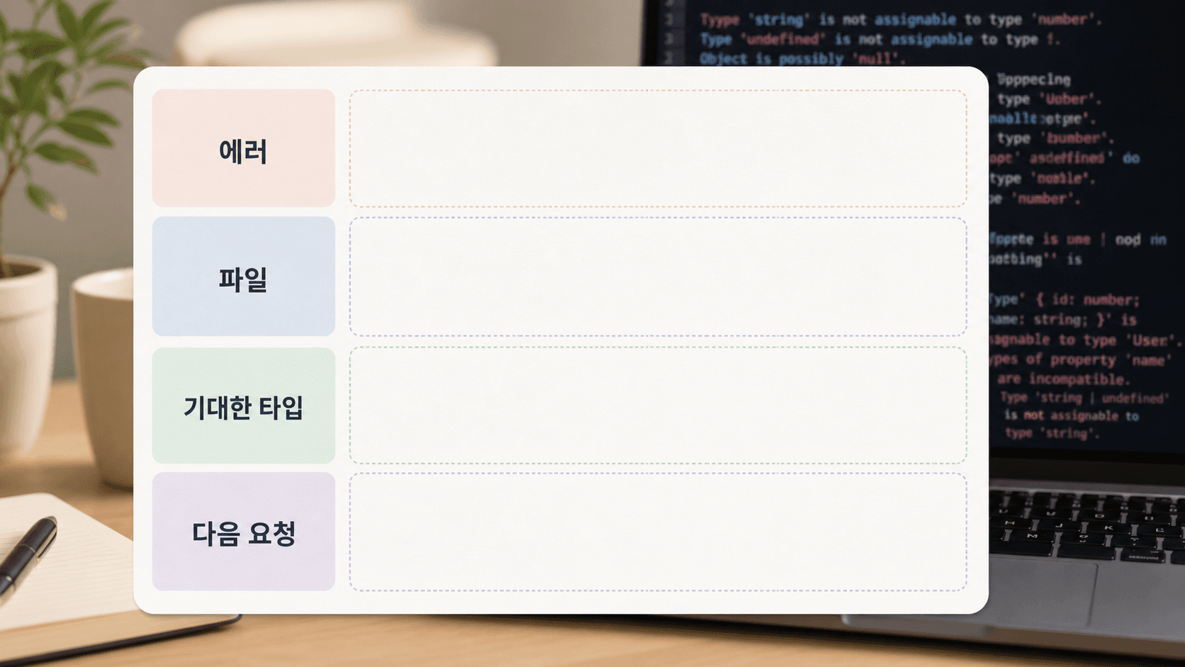 AI 코딩 도구에 Next.js 생성 타입 오류를 물을 때 생성 경로, 타입 단서, 원본 후보, 금지 범위를 나눠 적는 프롬프트 워크시트