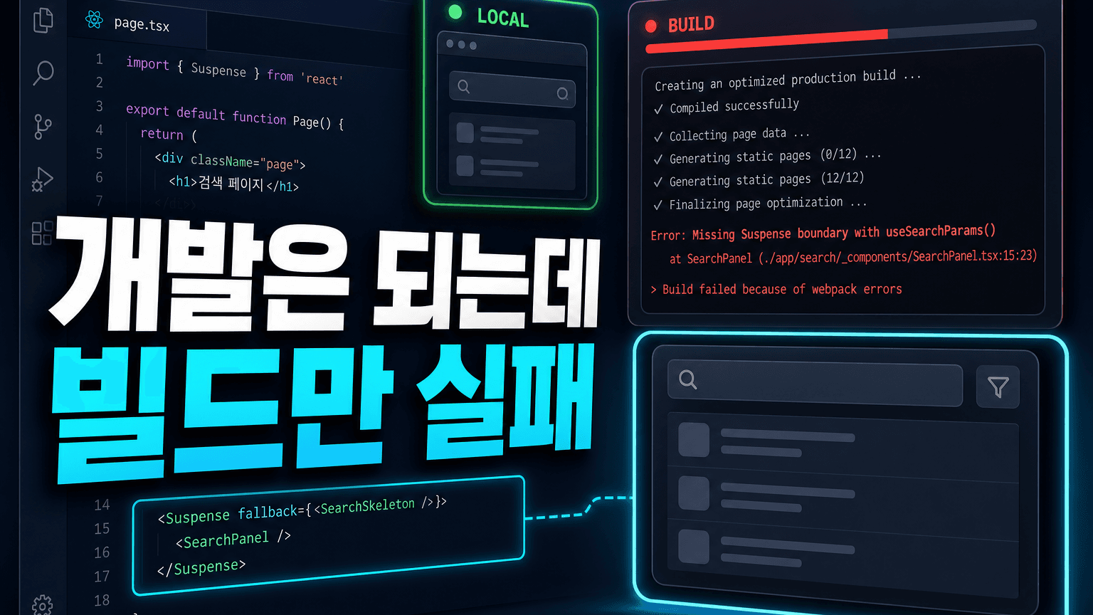 Next.js 개발은 되는데 빌드만 실패할 때, 검색 화면만 감싸서 통과하는 법