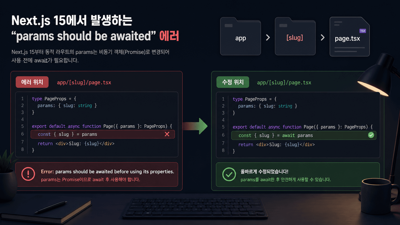 Next.js 15 params 에러가 발생한 동적 라우트와 수정 위치를 보여주는 전후 비교 이미지