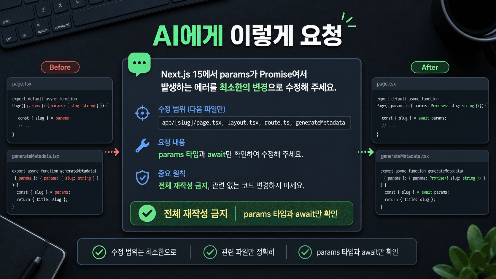 Next.js 15 params 에러를 AI에게 최소 변경으로 고치게 요청하는 프롬프트 카드 이미지