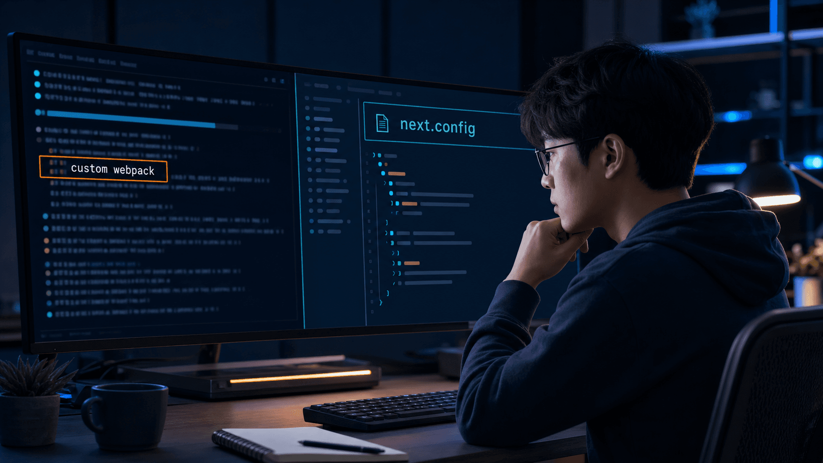 Next.js 16 빌드 메시지와 next.config의 webpack 설정을 함께 확인하는 개발 화면