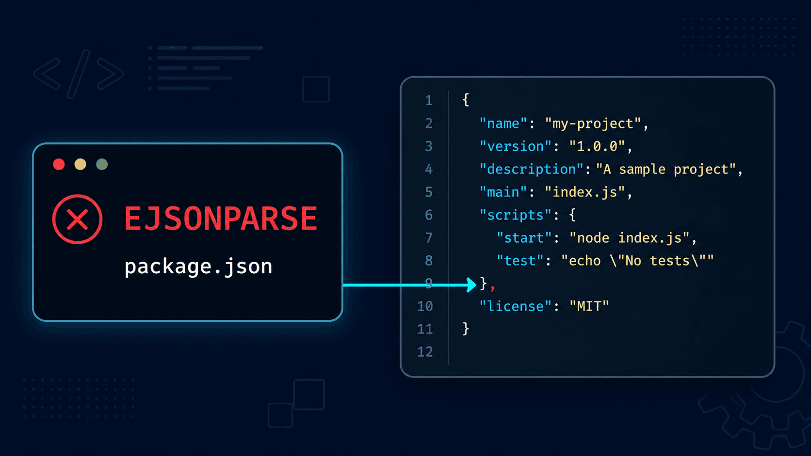 EJSONPARSE가 package.json의 한 문법 위치를 가리키는 비공식 작업 화면