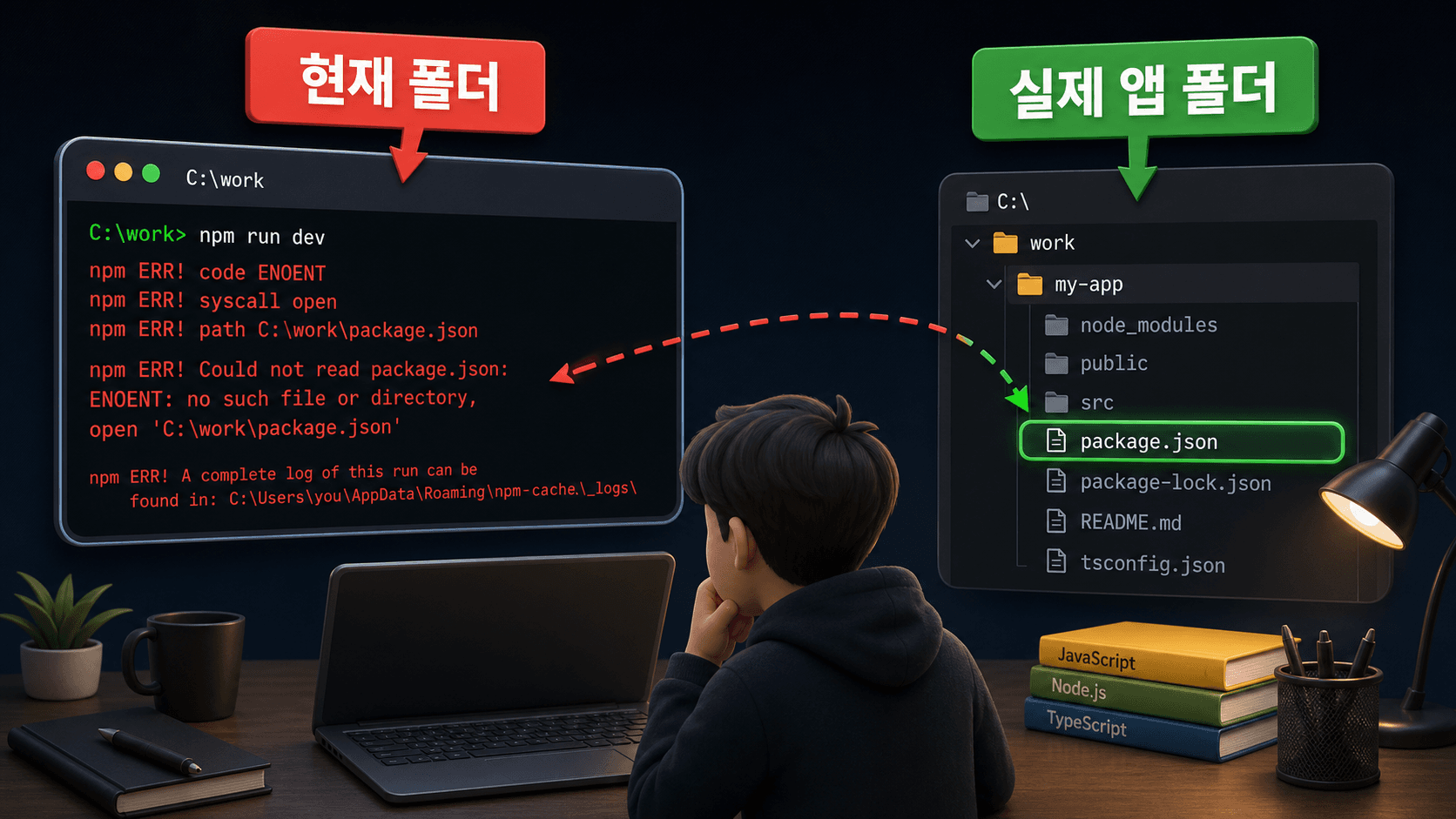 잘못된 상위 폴더에서 npm 명령을 실행해 package.json 경로 오류가 나타난 터미널 장면