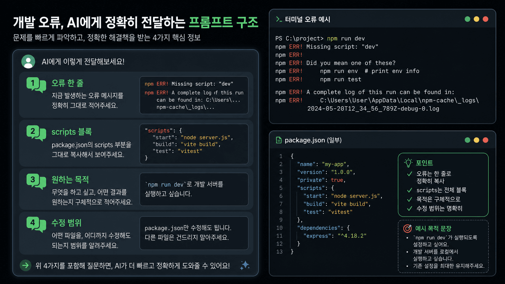AI에게 Missing script 오류, scripts 블록, 원하는 실행 목적만 보내는 프롬프트 카드