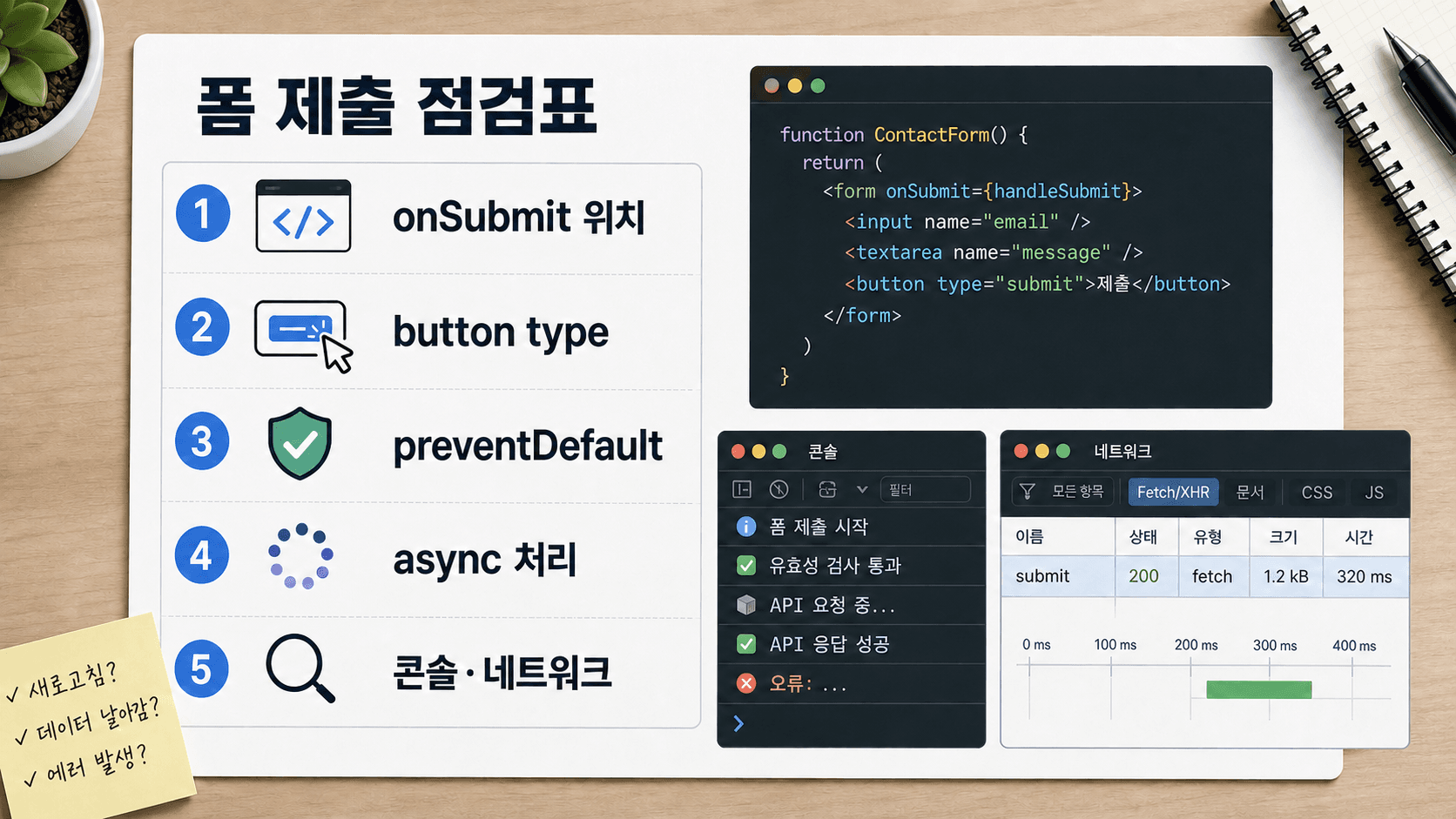 React와 Next.js 폼 제출 문제를 onSubmit, button type, preventDefault, async 처리, 콘솔과 네트워크로 나누는 5단계 체크리스트