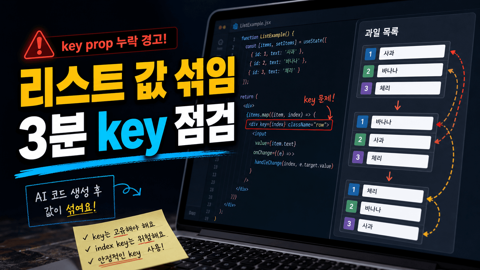 React key 경고, AI 코딩 초보가 3분 만에 리스트 값 섞임을 막는 5칸
