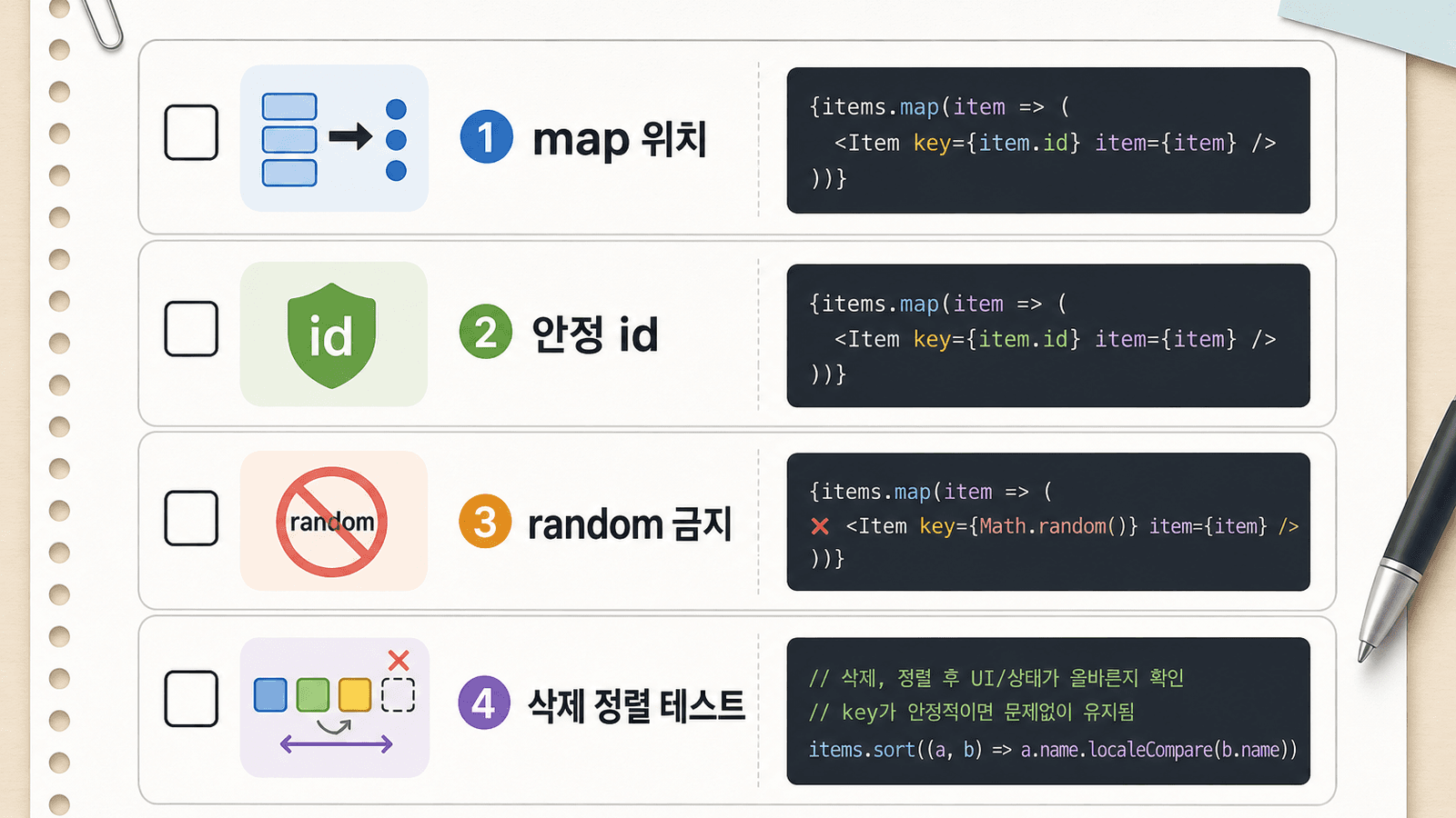 React key warning 수정 뒤 map 위치, 안정 id, random 금지, 삭제 정렬 테스트를 확인하는 체크리스트