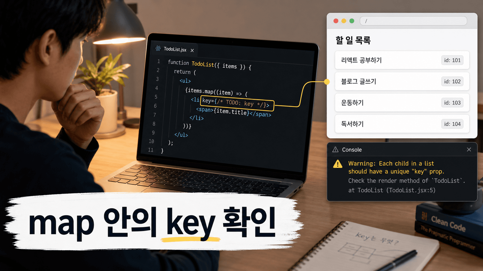 React 목록 화면과 콘솔 key warning을 함께 보며 map 안의 key 줄을 확인하는 작업 장면