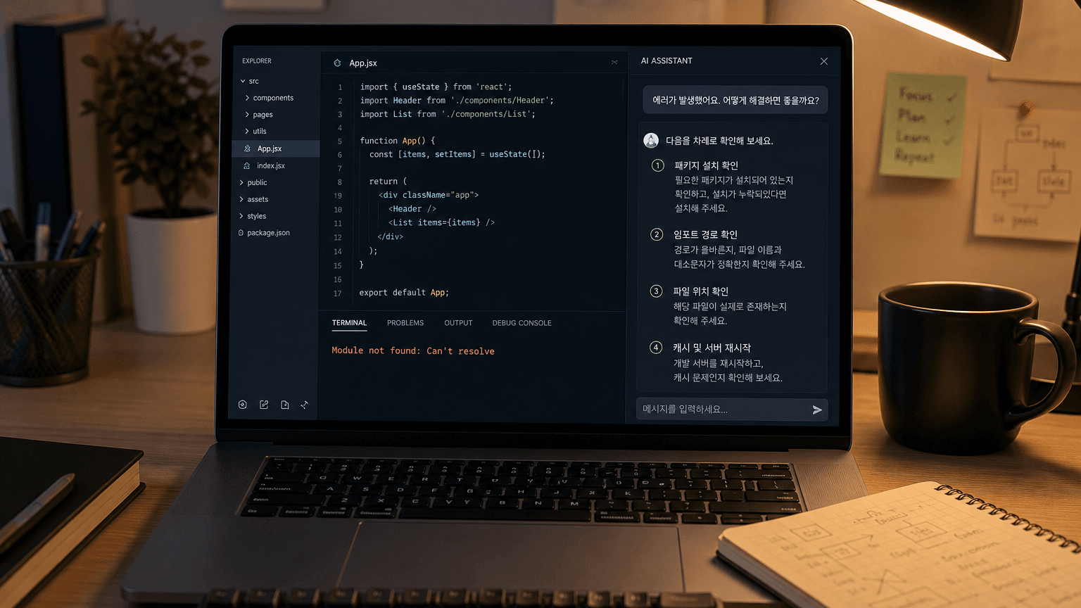 AI 코딩으로 만든 React 앱에서 Module not found 오류를 확인하는 개발 화면
