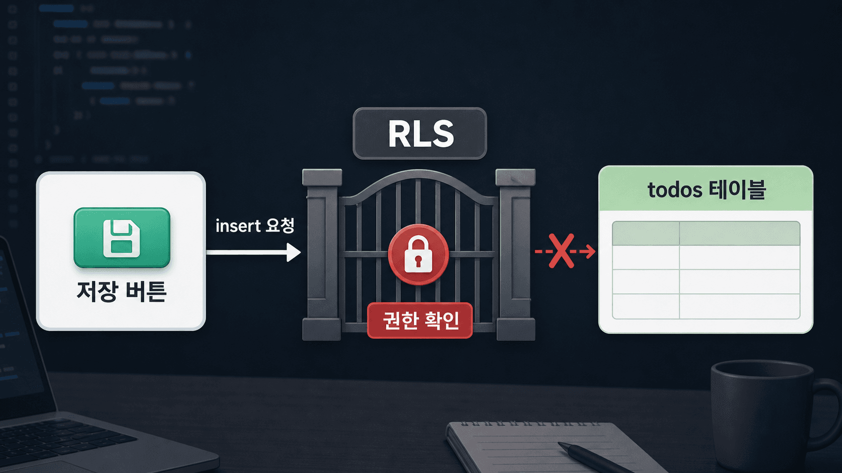 저장 버튼에서 Supabase table까지 요청이 이동하고 RLS gate에서 멈추는 흐름
