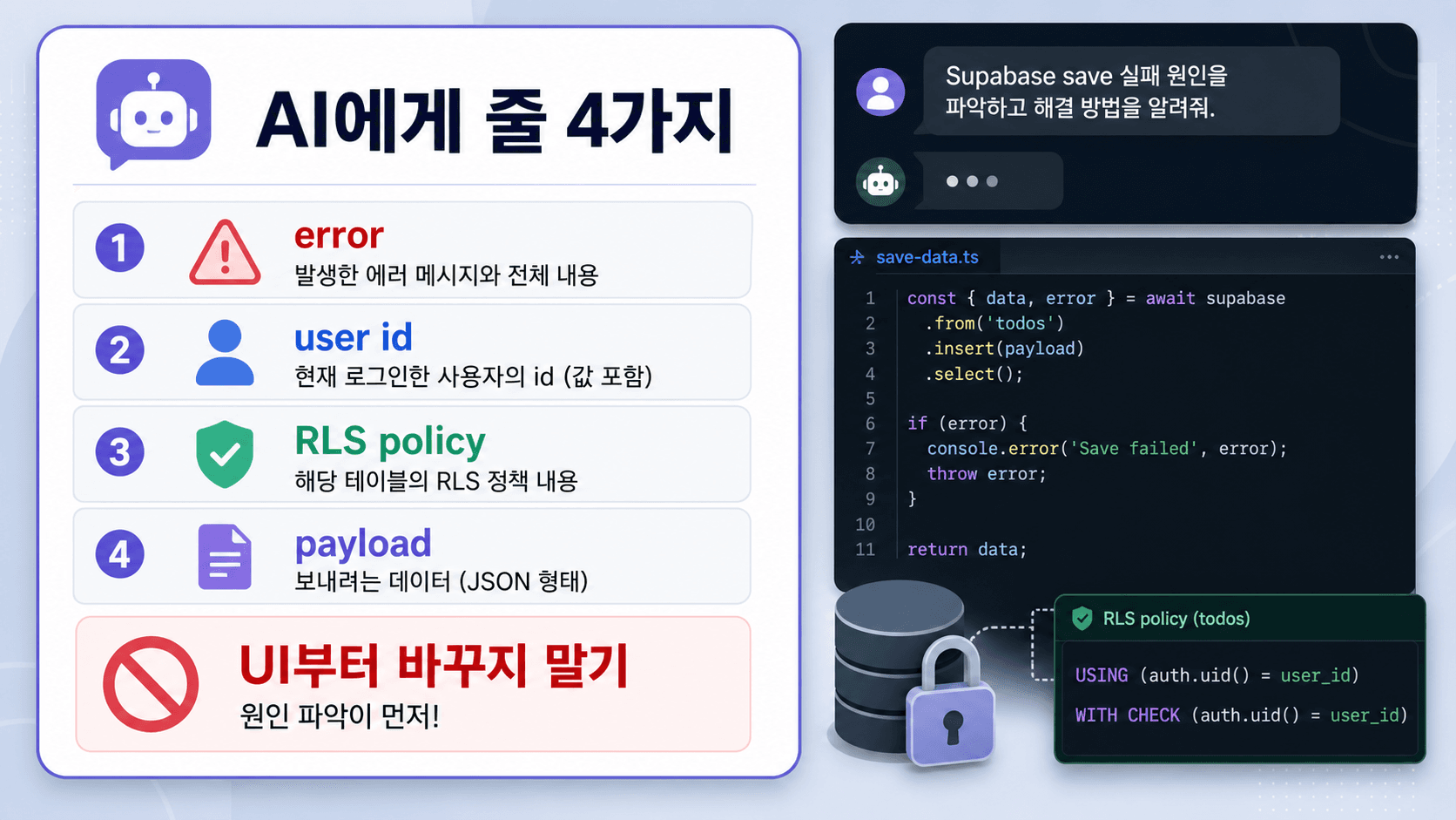 AI에게 Supabase 저장 실패를 설명할 때 넣을 네 가지 사실과 금지 조건