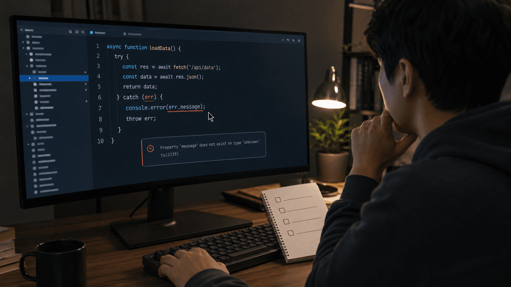 TypeScript catch 블록의 err.message 오류를 확인하는 개발 작업 화면