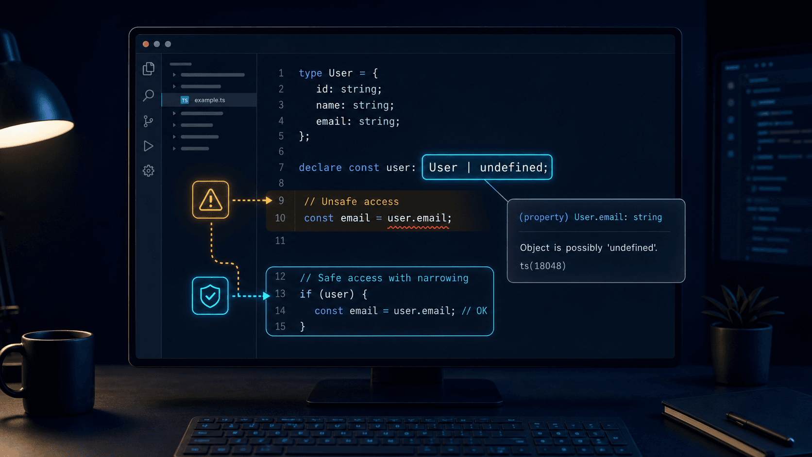 TypeScript 코드에서 undefined 타입을 확인하는 작업 장면