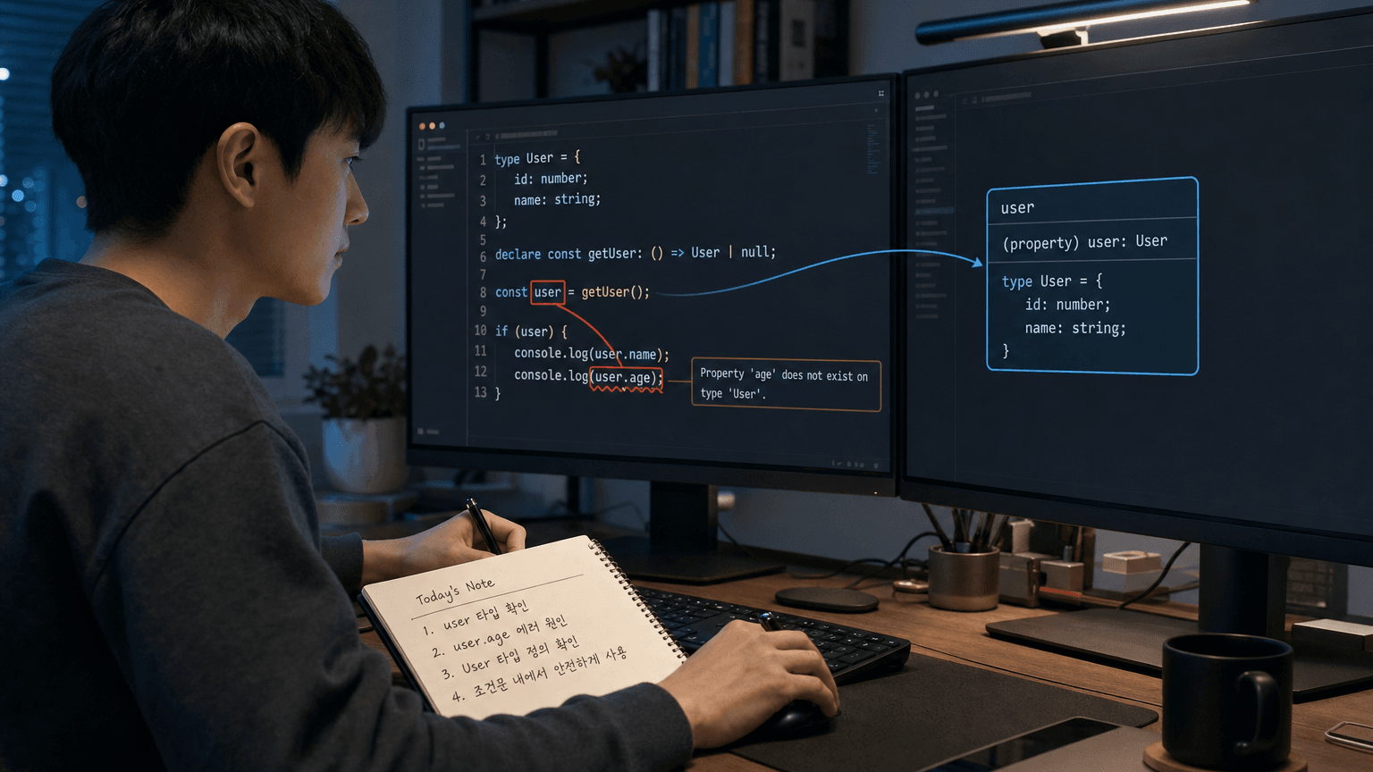 TypeScript never 오류에서 hover 타입과 선언부를 함께 확인하는 개발 작업 장면