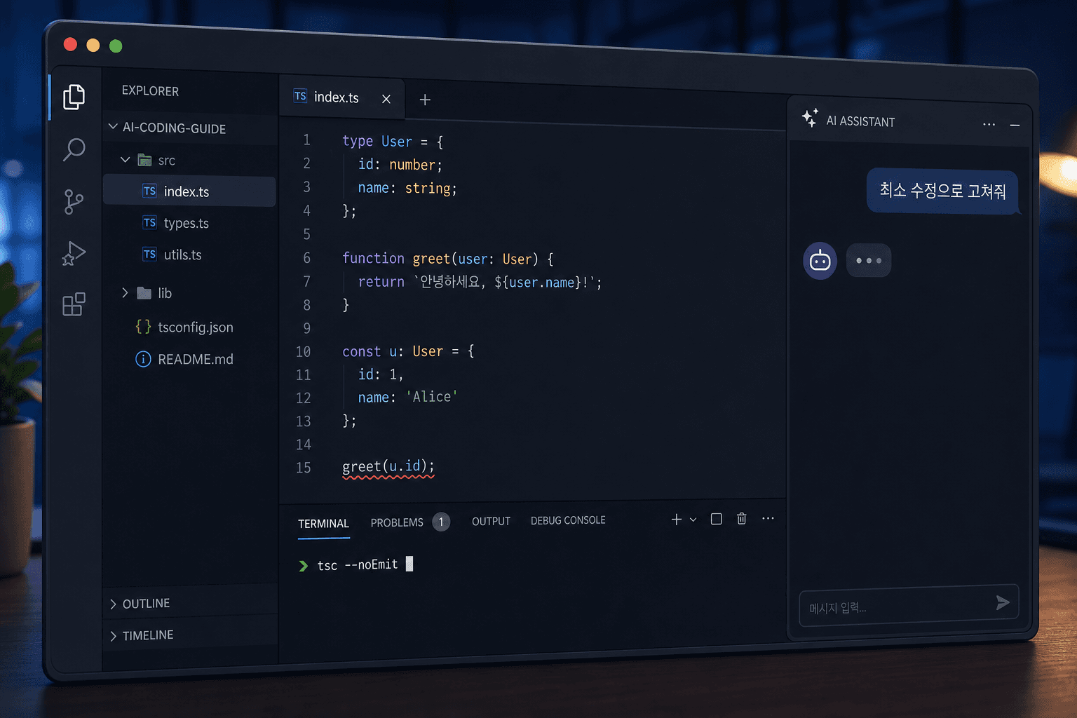 TypeScript 빨간 줄을 첫 오류, 파일 경로, 확인 명령으로 좁히는 작업 화면