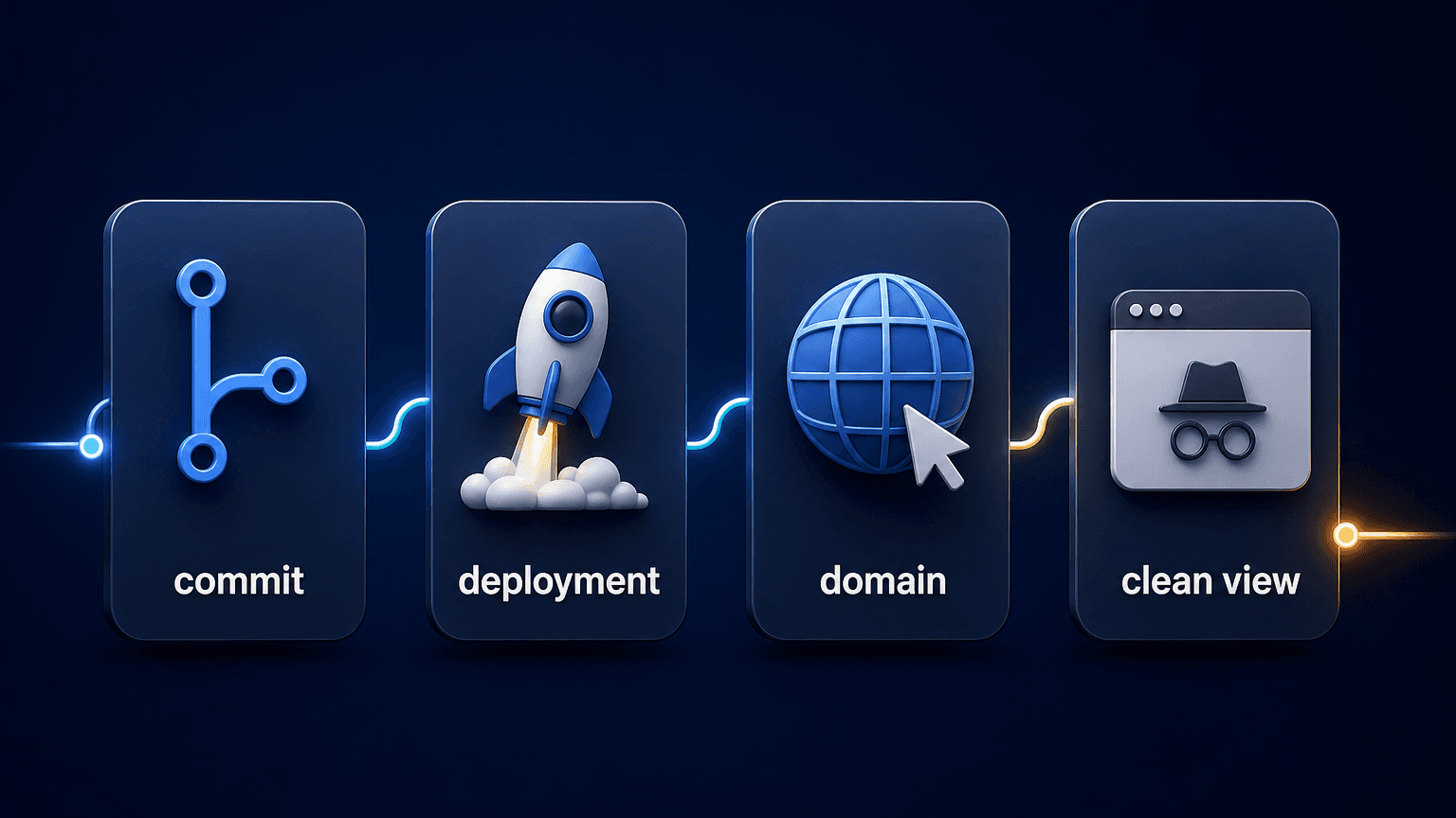 commit에서 deployment를 거쳐 production domain과 clean browser view로 이어지는 네 단계 배포 확인 워크시트