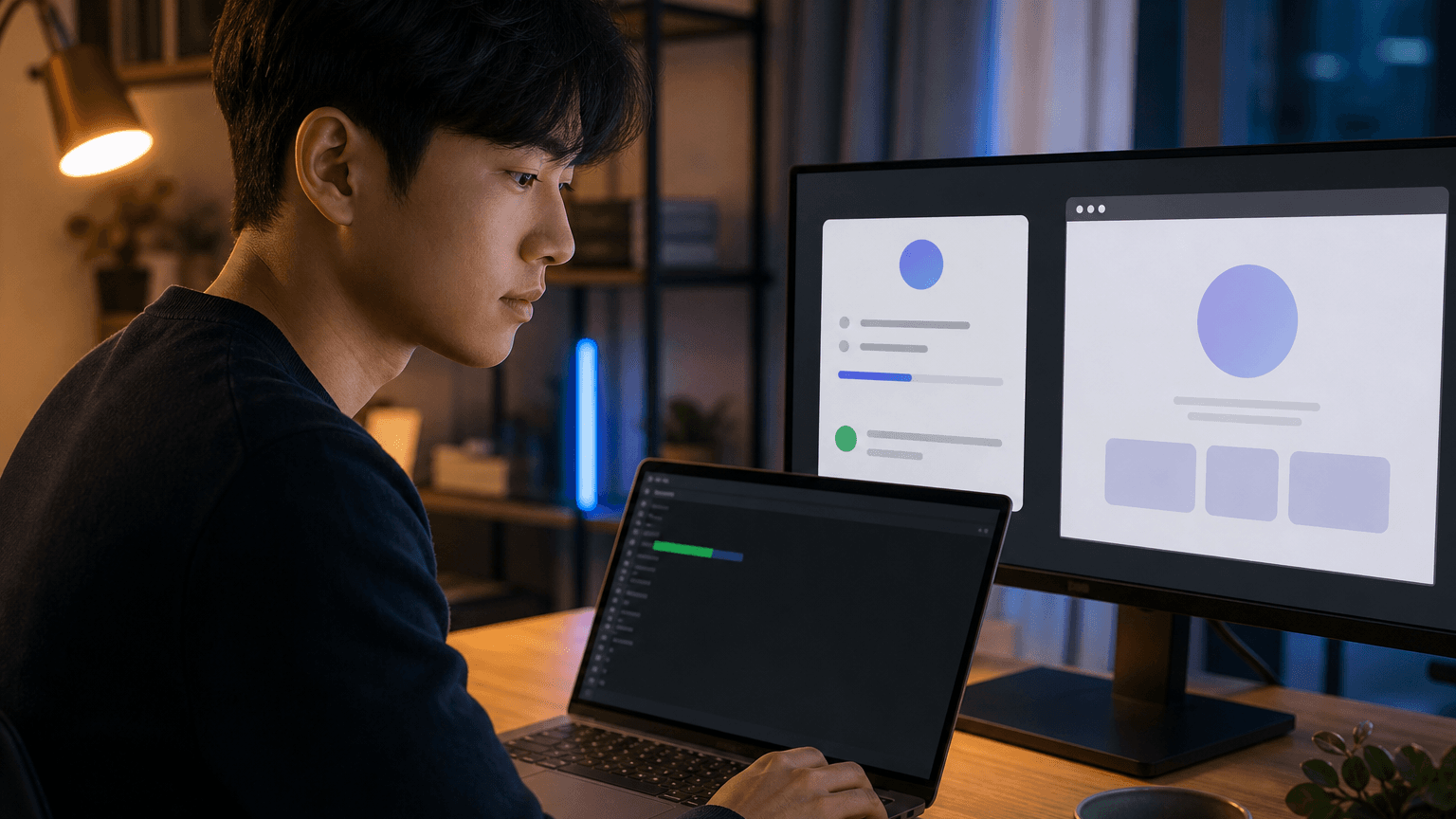 Git commit, deployment card, public browser page를 나란히 비교하며 Vercel 배포 대상을 확인하는 초보 개발자 작업 장면